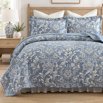 100% Cotton Blue Quilt Set, Damask Bedspread, Dusty Blue