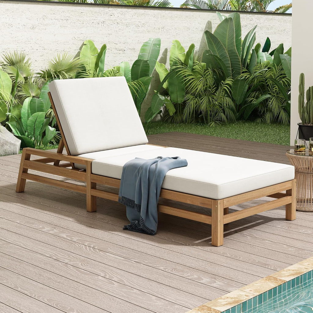 Acacia Wood Outdoor Patio Chaise Lounge Chair, All Weather Recliner Chair with Thick Cushions and 5-Position