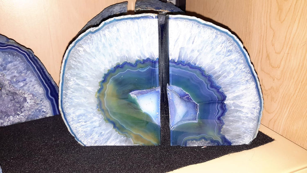 Blue Agate Quartz Geode Book Ends - Made from the Finest Grade Brazilian Agate