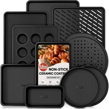 10-Piece Nonstick Bakeware Set, 0.8MM Thick Carbon Steel Pan Set for Oven with Cookie Sheet, Muffin Pan, Pizza Pan