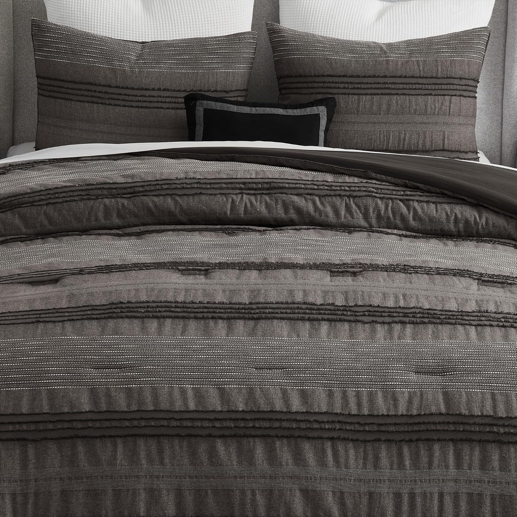 Wonderful Dark Grey Comforter Set, Yarn Dyed Farmhouse Striped Cotton Lightweight Boho Comforter with Pillow
