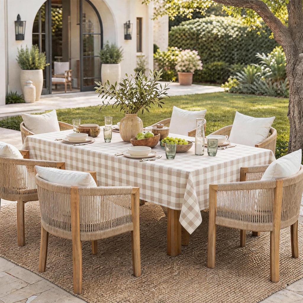 Gingham Tablecloth Rectangle, 60" x 75", Beige