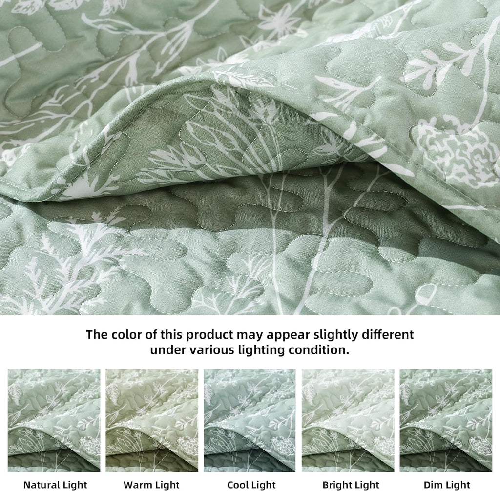 Quilts Sage Green Quilt Botanical with Floral Pattern Microfiber Bedspreads 3 Pieces Lightweight