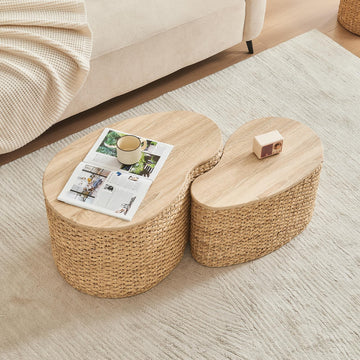 Nesting Coffee Table Set of 2 with Storage - Handwoven Wicker Rattan Ottoman Style, Boho Coastal Coffee Tables, with