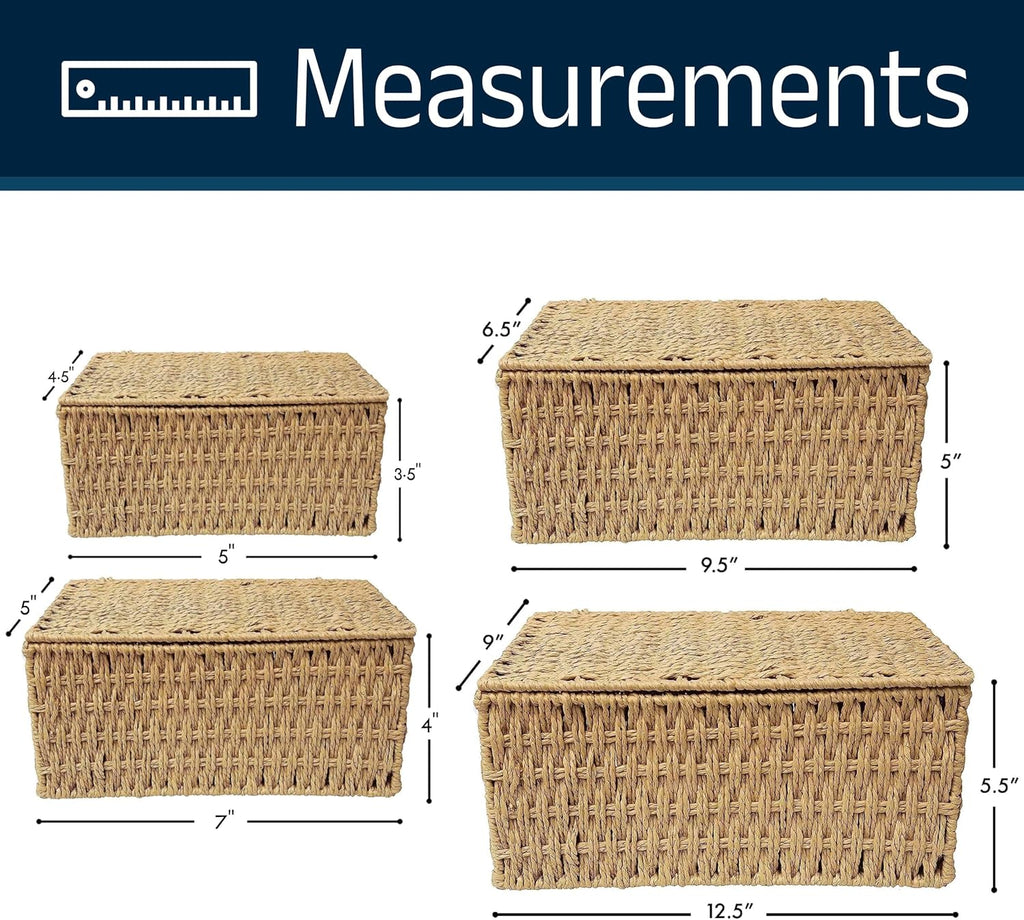 Woven Stackable Storage Baskets with Lid, Decorative Rope Organizer Bin - Set of 4 (4 Sizes), Beige (No Liner)