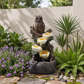 28.3" Tall Outdoor Water Fountain, 5 Tier Cascading Bowls and Stacked Water Fountain with LED Lights Décor, and Deck
