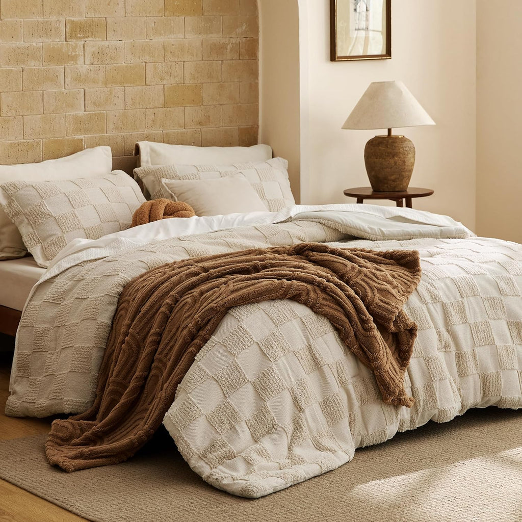 Comforter Set Beige, Boho Tufted Bed Set, Checkered Farmhouse Shabby Chic Bedding, 3 Pieces
