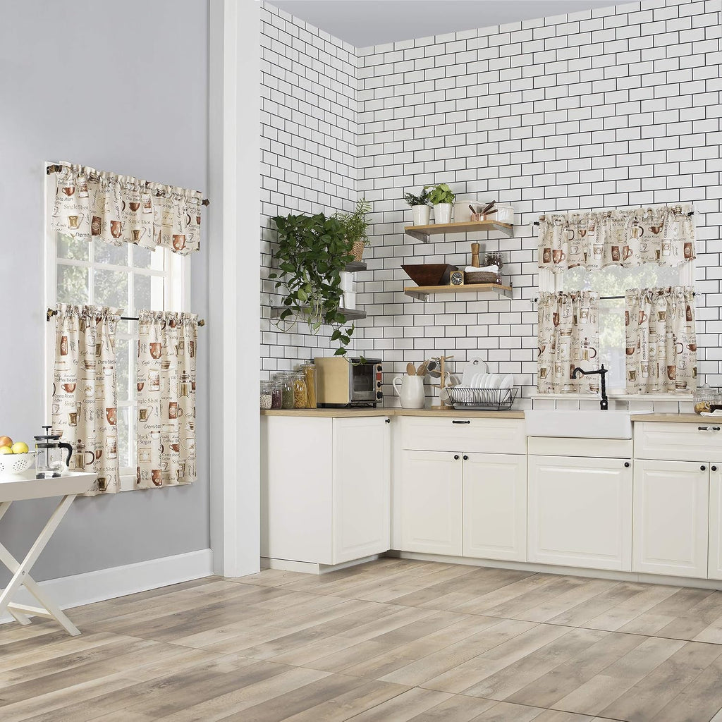 Bristol Coffee Shop Semi-Sheer Rod Pocket Kitchen Curtain Valance and Tiers Set, Ivory Off-White