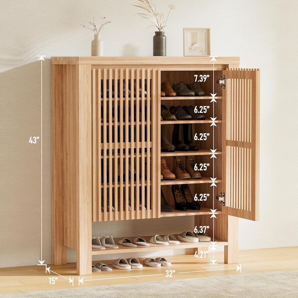 43" Tall Shoe Storage Cabinet with Doors, 8-Tier Entryway Shoe Cabinet with Adjustable Shelves, Modern Freestanding