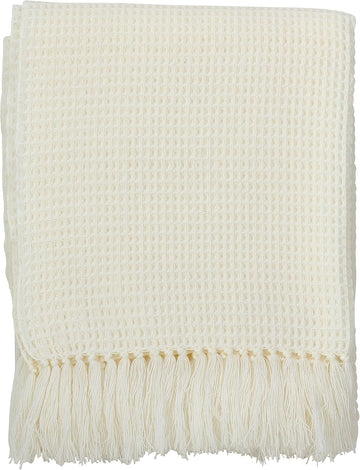 Classic Waffle Weave Tassel Trim Throw Blanket, 50" x 60", Ivory