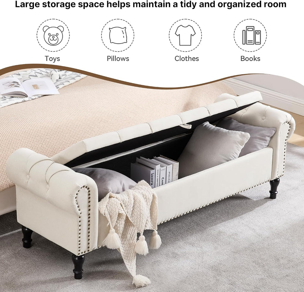 67 Inch Storage Bench , King Size End of Bed Bench, Upholstered Bench with Rolled Arms, Linen Tufted Button Storage