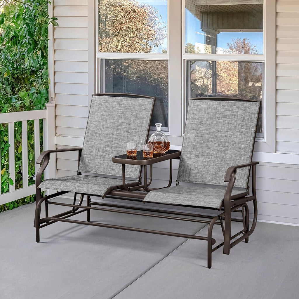 Outdoor Glider Bench Patio Loveseat with Table, Gray | Steel frame, Texteline fabric and tempered glass table provide
