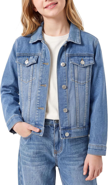 Girls Jean Jacket Long Sleeve Front Button Collared Denim Outerwear