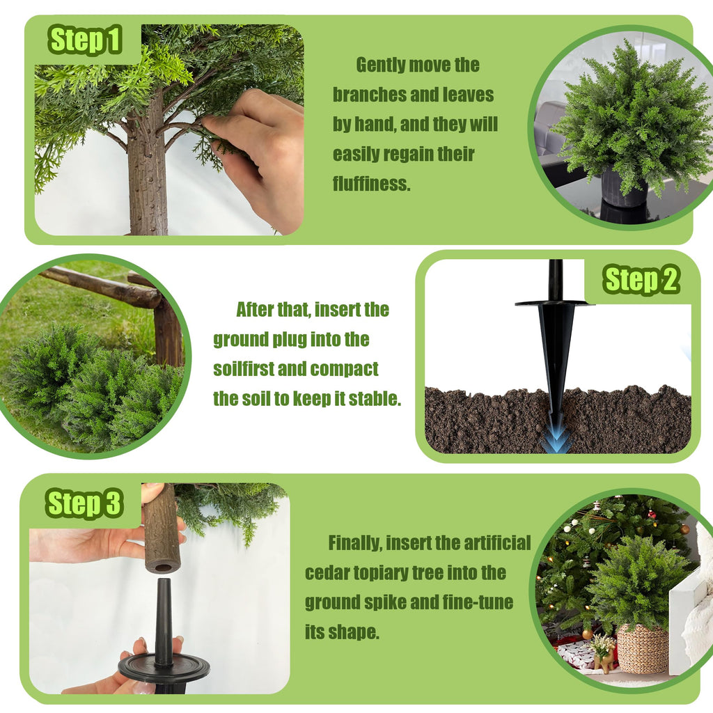 Artificial Cedar Topiary Ball Tree with Ground Spike: 23 Inch 2 Pack