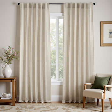 100% Blackout Linen Hygge Striped Curtains Double Layer Farmhouse Drapes 90 Inches Long Bedroom Yarn Dyed Woven