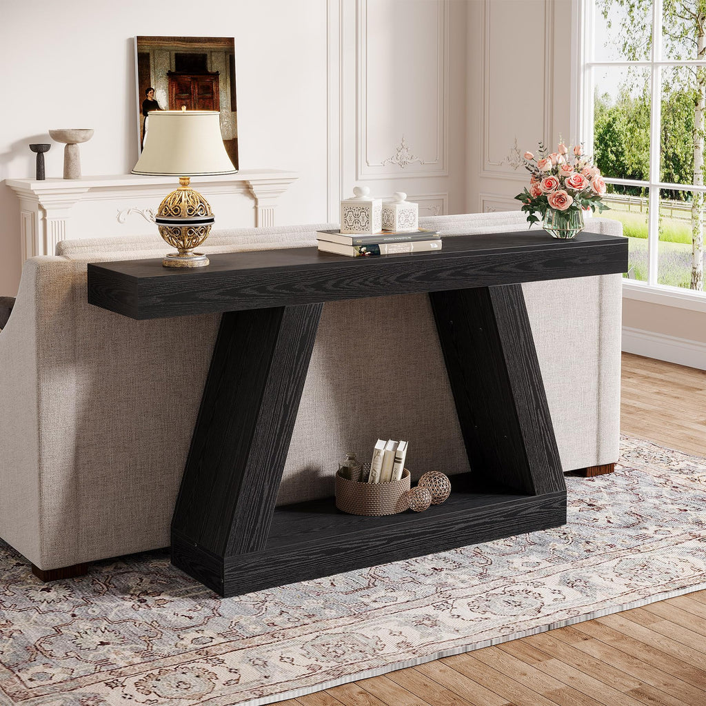 Farmhouse Console Table, 55-Inch Rustic Sofa Table with Storage, Industrial Wooden Entryway Table, Black & Brown