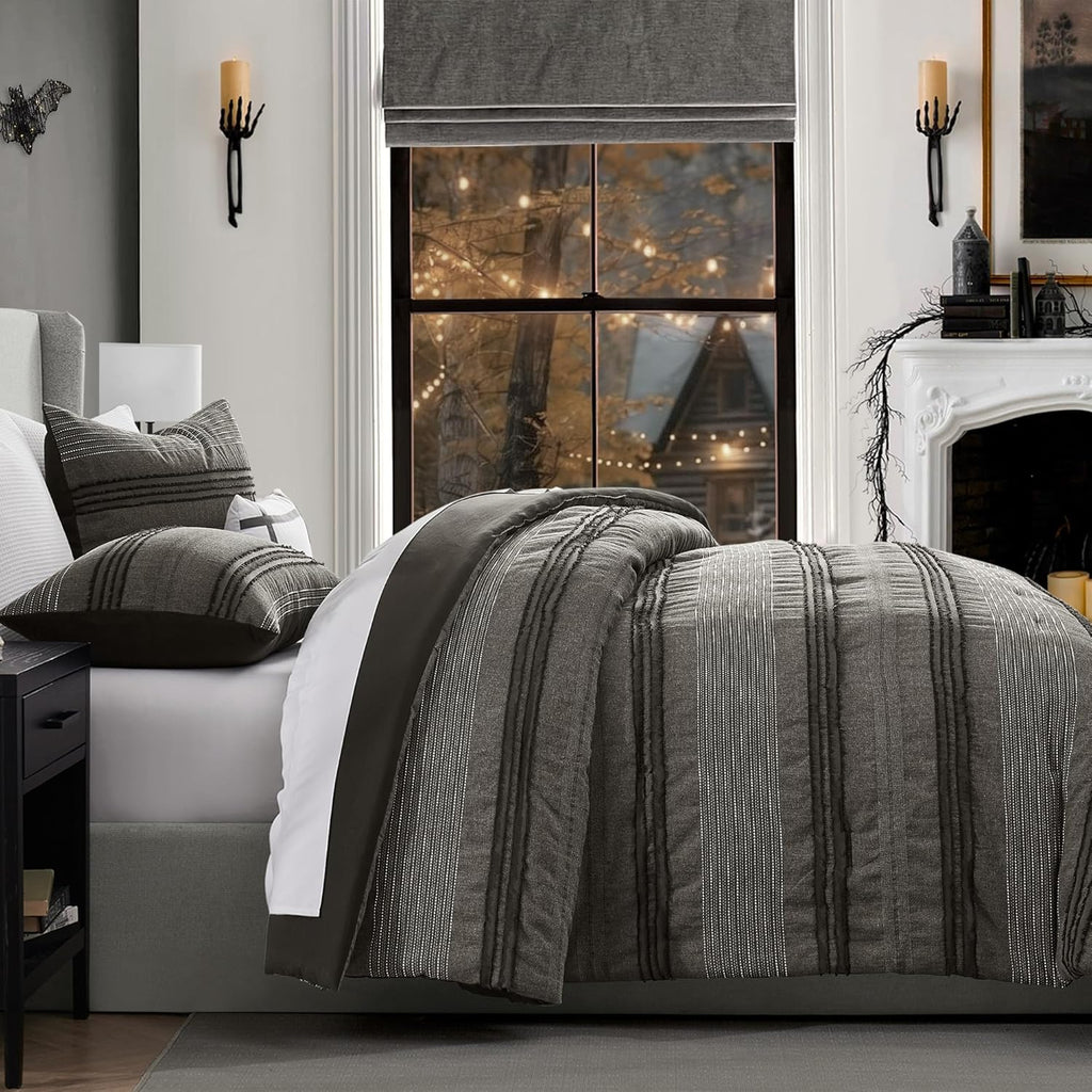 Wonderful Dark Grey Comforter Set, Yarn Dyed Farmhouse Striped Cotton Lightweight Boho Comforter with Pillow