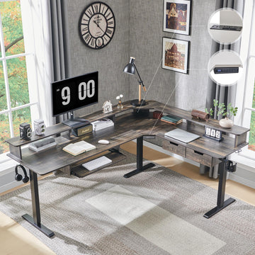75x60 Inches L Shaped Electric Standing Desk, Dark Rustic Oak
