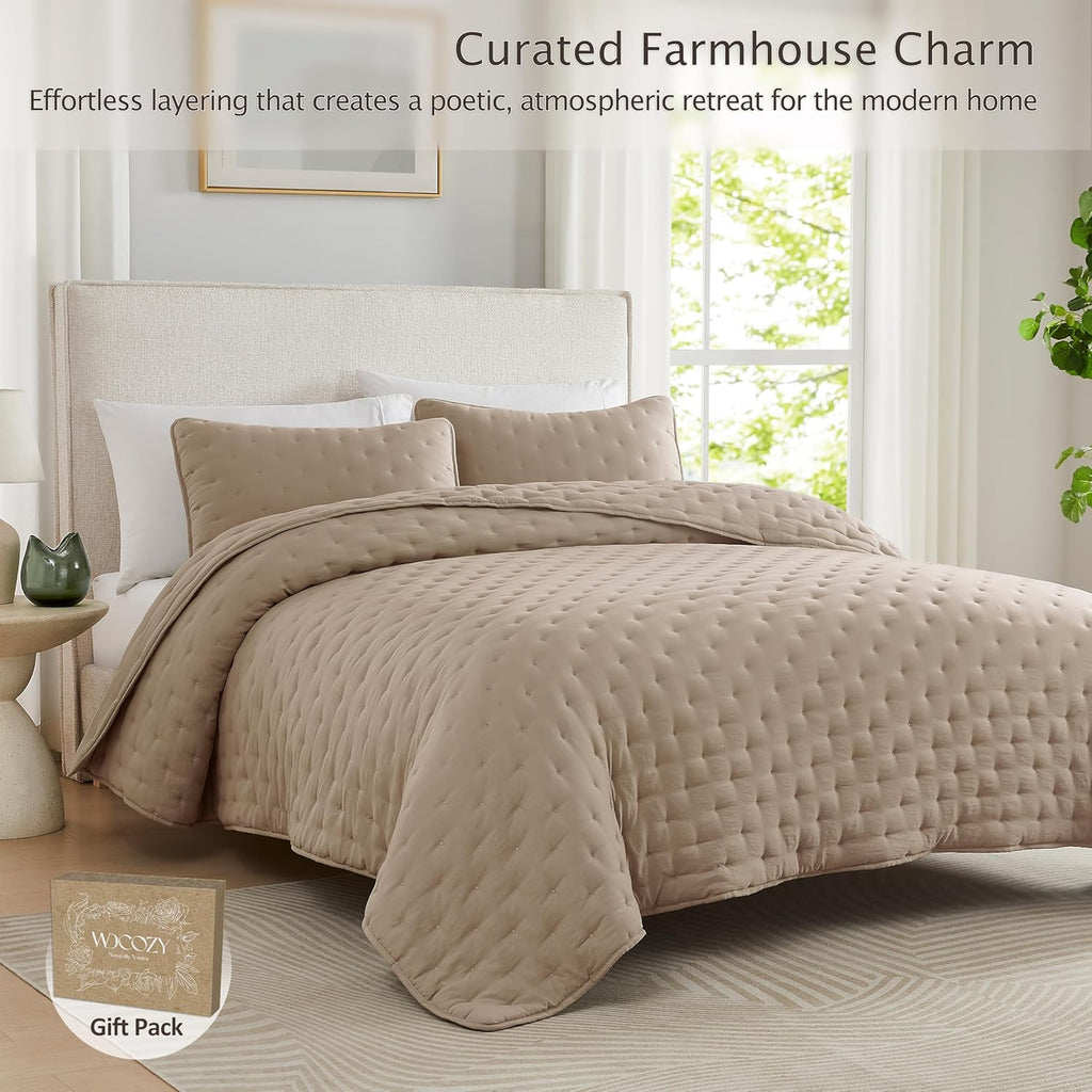 Beige Cloud Quilt Set, Tan Lightweight Farmhouse Bedspread, Rustic Country Coverlet, Taupe Camel Soft Bedding