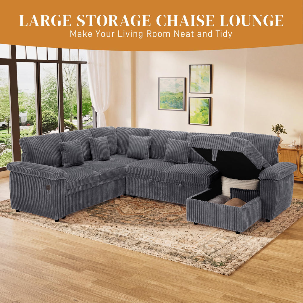 Modular Sectional Sleeper Sofa with Pull Out Bed, 104" U Shaped 7 Seat Cloud Sectional Couches, Comfy Corduroy Couch