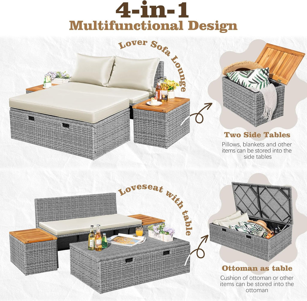 Outdoor Rattan Daybed with 2 Side Tables, Multifunctional Wicker Patio Sofa with Storage Ottoman, Cushions