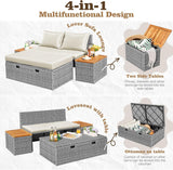 Outdoor Rattan Daybed with 2 Side Tables, Multifunctional Wicker Patio Sofa with Storage Ottoman, Cushions