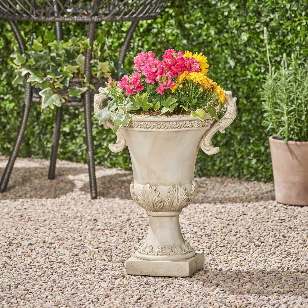 Great Deal Furniture Chalice Garden Urn Planter, Roman, Botanical, Antique White Lightweight Concrete