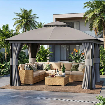 Patio Gazebo 11'x13' with LED Lights & Bluetooth Speaker, Heavy Duty Outdoor Canopy Shelter with Metal Frame - Gray