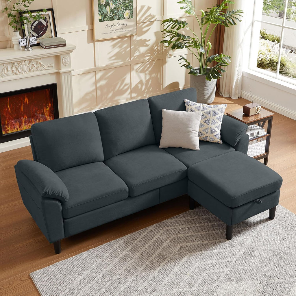 Convertible Sectional Sofa, Modern L Shaped 3-seat Sofa, 79" Linen Fabric Small Sectional Couch with Movable Ottoman
