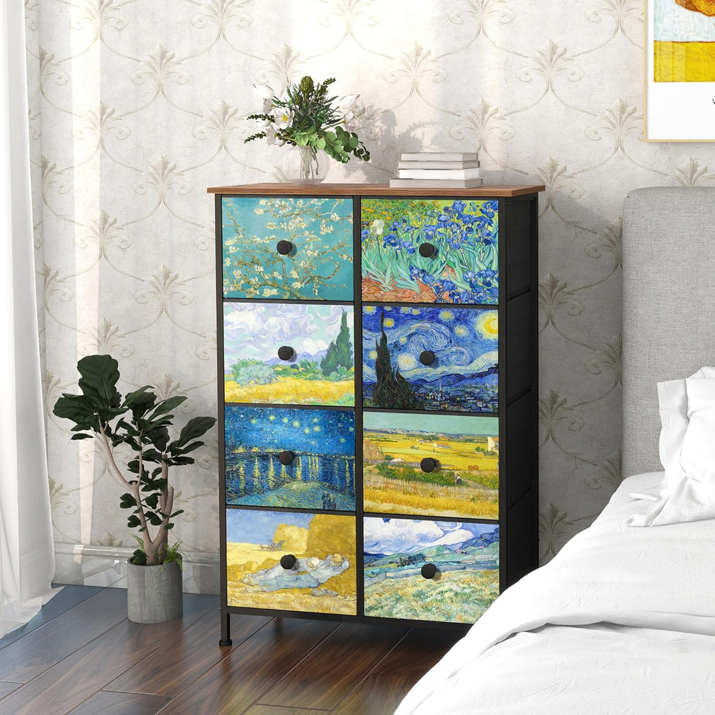 Tall Dresser with 8 Drawer Narrow Van Gogh Chest of Drawers Closet Living Room Steel Frame Rustic Brown Wood Grain