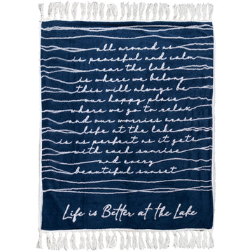 Life is Better At The Lake 50" x 60" Luxury Sherpa Tassel Raised Text Throw Blanket Housewarming Apartment Warming