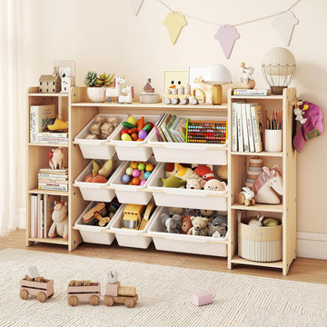 Toy Storage Organizer, Kids Bookshelf with 6 Shelves, 9 Toy Bins & 6 Hooks | Toy Shelf, Storage Bin Unit, Toy