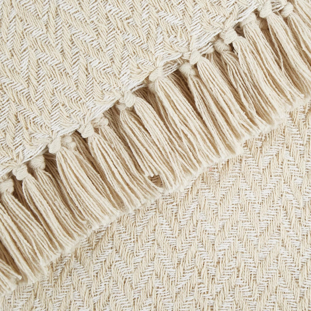 Modern Zig Zag Throw Blanket Woven Cotton, Hand-Knotted 2.5" Fringe, 50x60, Natural