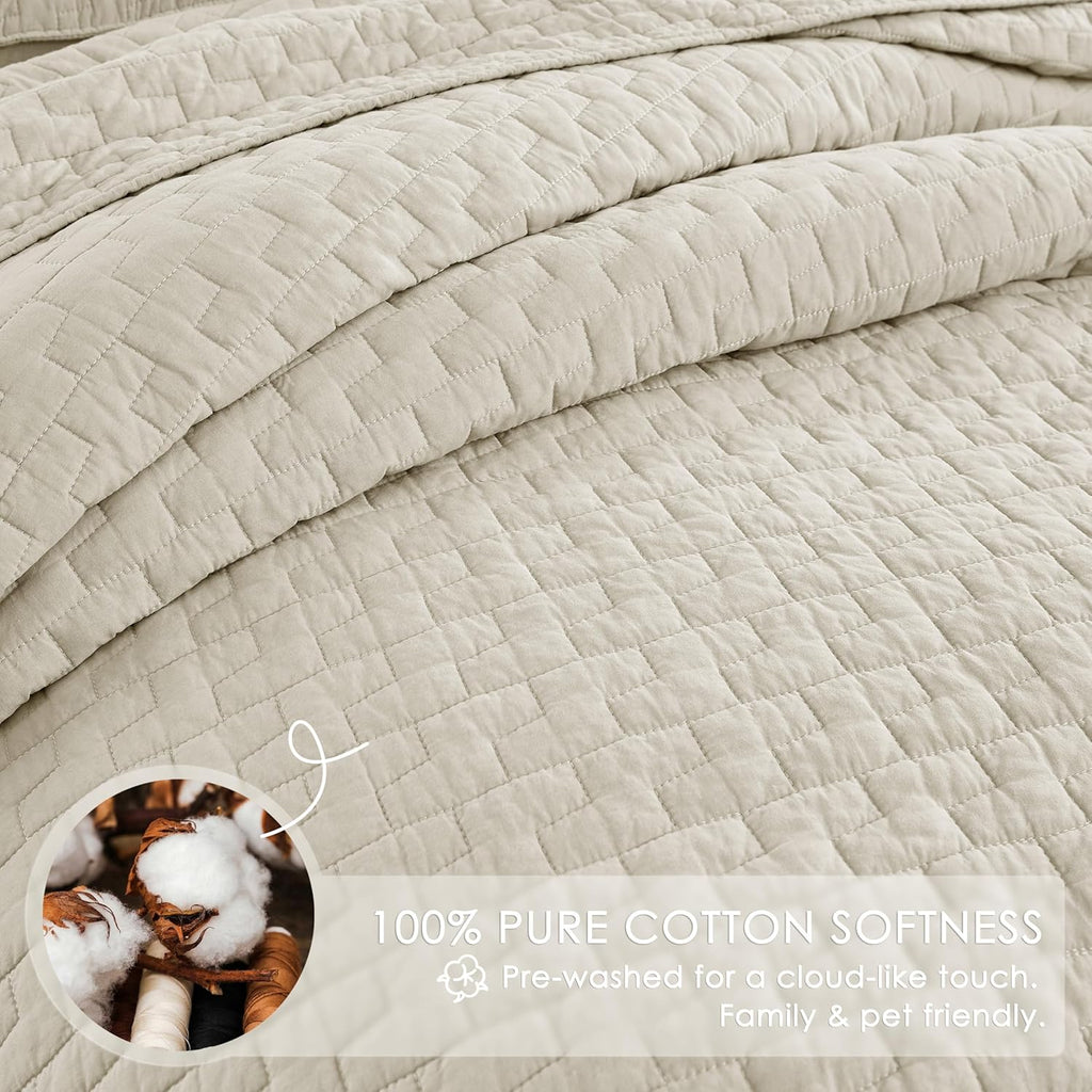 Beige 100% Cotton Quilt King Bedding Sets with 2 Pillow Shams, Textured Lightweight Soft Bedspread Shabby Chic