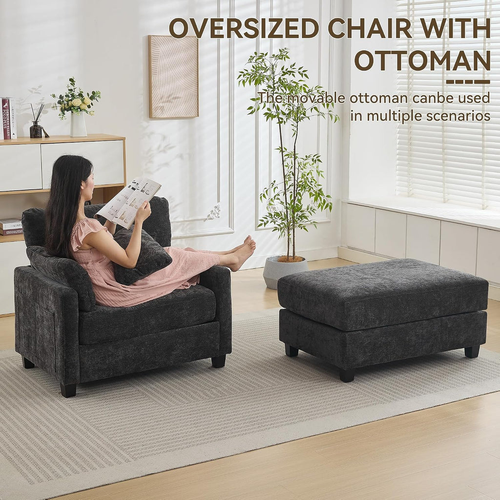 57.5" Oversized Chaise Lounge with Ottoman Indoor, Grey Reading Chair with Ottoman & Sofa Bed, Chenille Upholstered