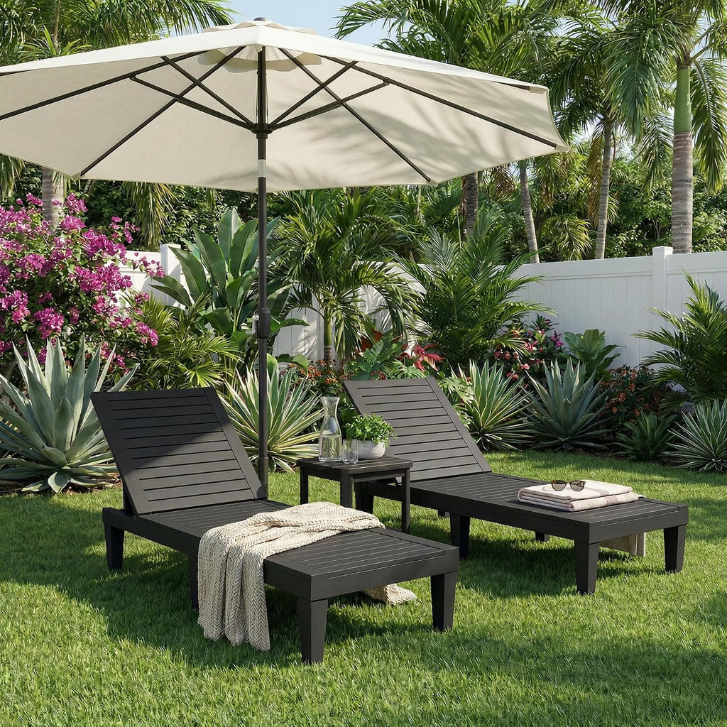 Lounge Chair Outdoor, Set of 2 High-Impact PP Tanning Chairs, Black | All-Weather UV-Resistant & Waterproof Patio