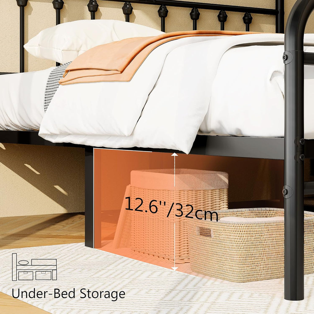 Queen Metal Platform Bed Frame/Victorian Style Headboard and Footboard/Steel Slat Support/Easy Assembly/No Box Spring