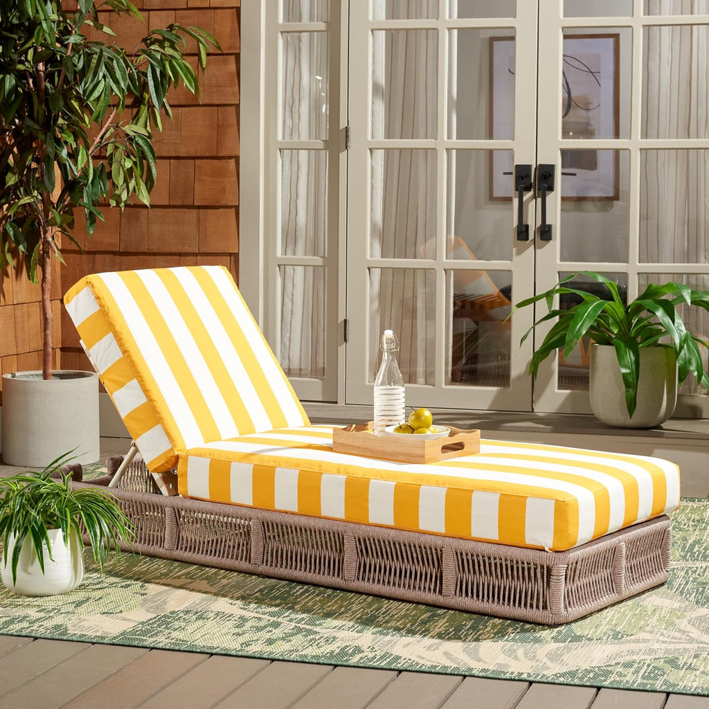 Outdoor Chaise Lounge Chair - Heather Tan & Yellow Stripe - Steel and Woven Rope - Adjustable 5-Position