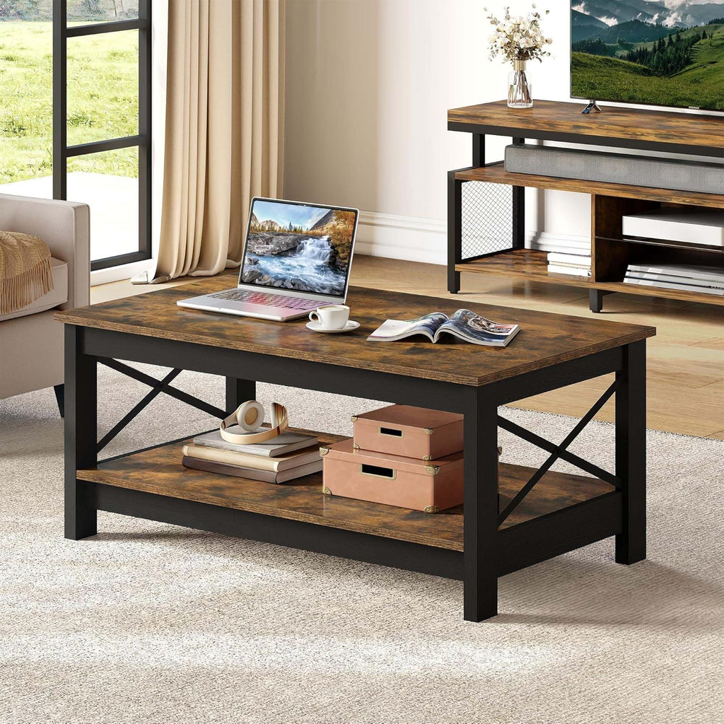 Coffee Tables, Modern Farmhouse Coffee Table with Storage, 2-Tier Center Table Wood Table Accent Cocktail with Stur...
