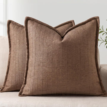 26x26 Linen Euro Sham Pillow Covers Brown Pack of 2 Farmhouse Boho Neutral Accents Striped Textured Square Decorative