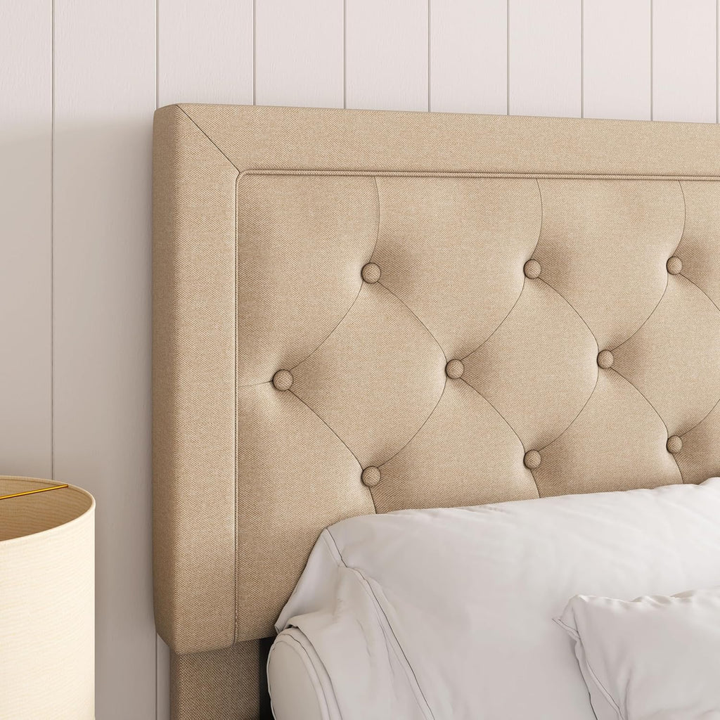 Queen Button Tufted/Fabric Upholstered Bed Frame with Adjustable Headboard/Wood Slat Support/Mattress Foundation/Beige