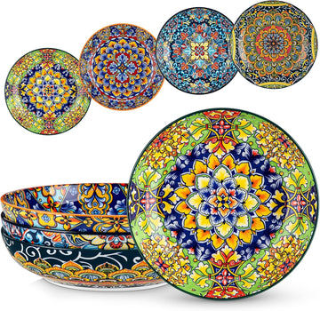 Pasta Bowls Set of 4, 42oz Ceramic Serving Bowls,Boho Pasta Plates | Large Shallow Bowls for Pasta, Salad, Soup, 42