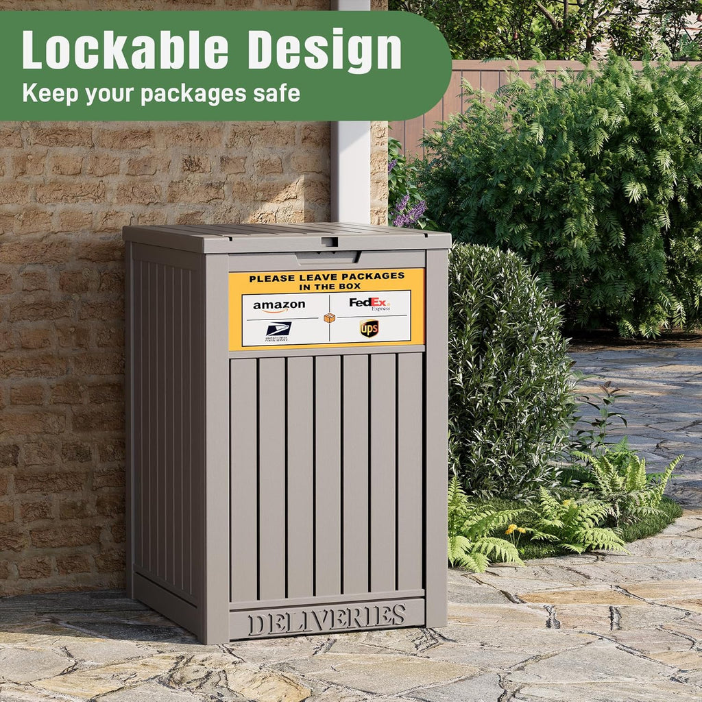 Package Delivery Box with Sign, Secure Lockable Waterproof Package Delivery Container, Resin Deck Box