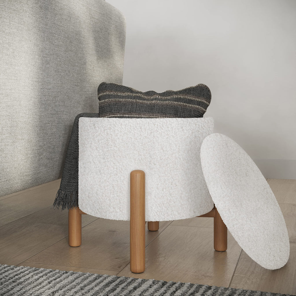 Round Sherpa Storage Ottoman Pouf with Removable Lid - Plush Couch Footrest & Hidden Organizer for Small Spaces, Dorm