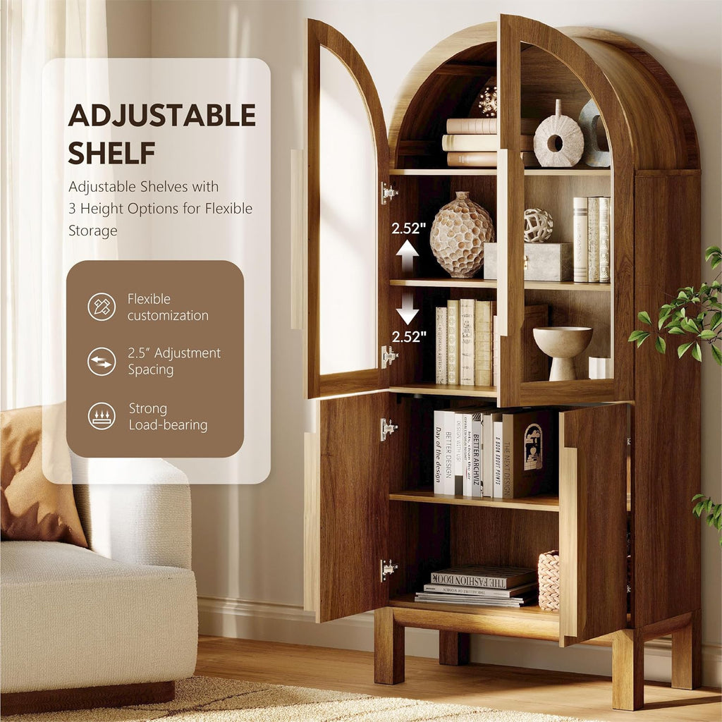 71" Tall Arched Bookshelf, 5 Tiers Bookcase with Glass Doors and Adjustable Shelves, Modern Arched Display Cabinets - Set of 2