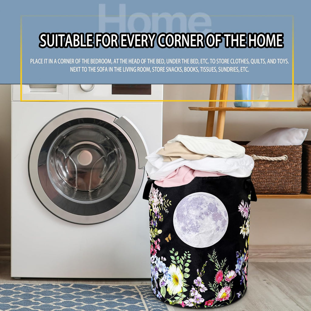 Full Moon Flowers Laundry Basket Foldable Waterproof Hamper 18.9x16.5 Inch | Oxford Cloth With Reinforced Handles