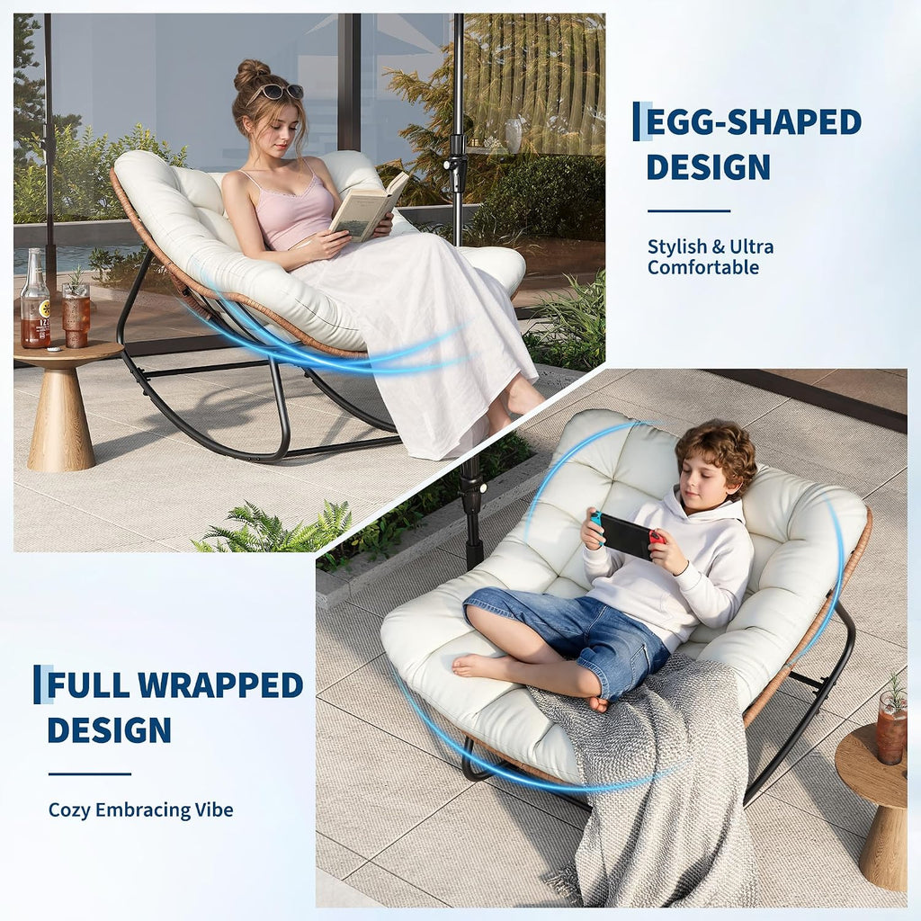 Outdoor Rocking Chair, Oversized Papasan Chair with Cushion | Metal & PE Rattan Frame, 400LBS Capacity, Ideal