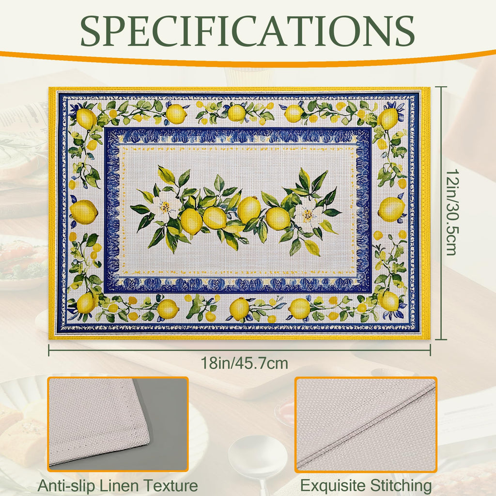 Lemon Branches Fabric Placemats,Vintage Rustic Country Table Placemats Set of 6 Cloth Place Mats, Washable