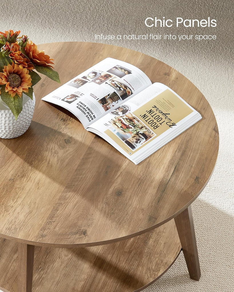 Collection - Round Coffee Table, 2-Tier Center Table with Storage, Tapered Legs, Curved Transitions
