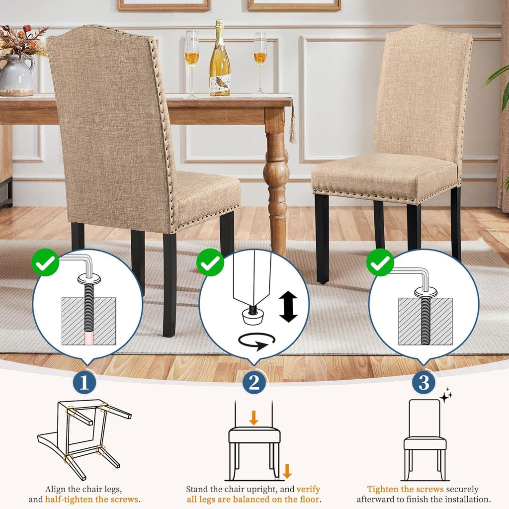 Upholstered Dining Chairs Set of 2, Modern Kitchen Chairs with Nailhead Trims and Solid Wood Legs for Dining Room